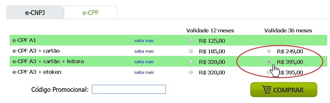 Página de produtos do webdanfe na aba do produto e-CPF selecionando um produto